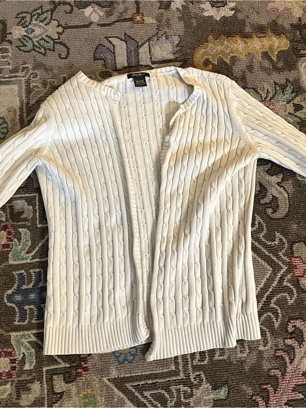 Eddie Bauer White Cable Knit Cardigan Sweater Cotton Blend Womens Size S Small